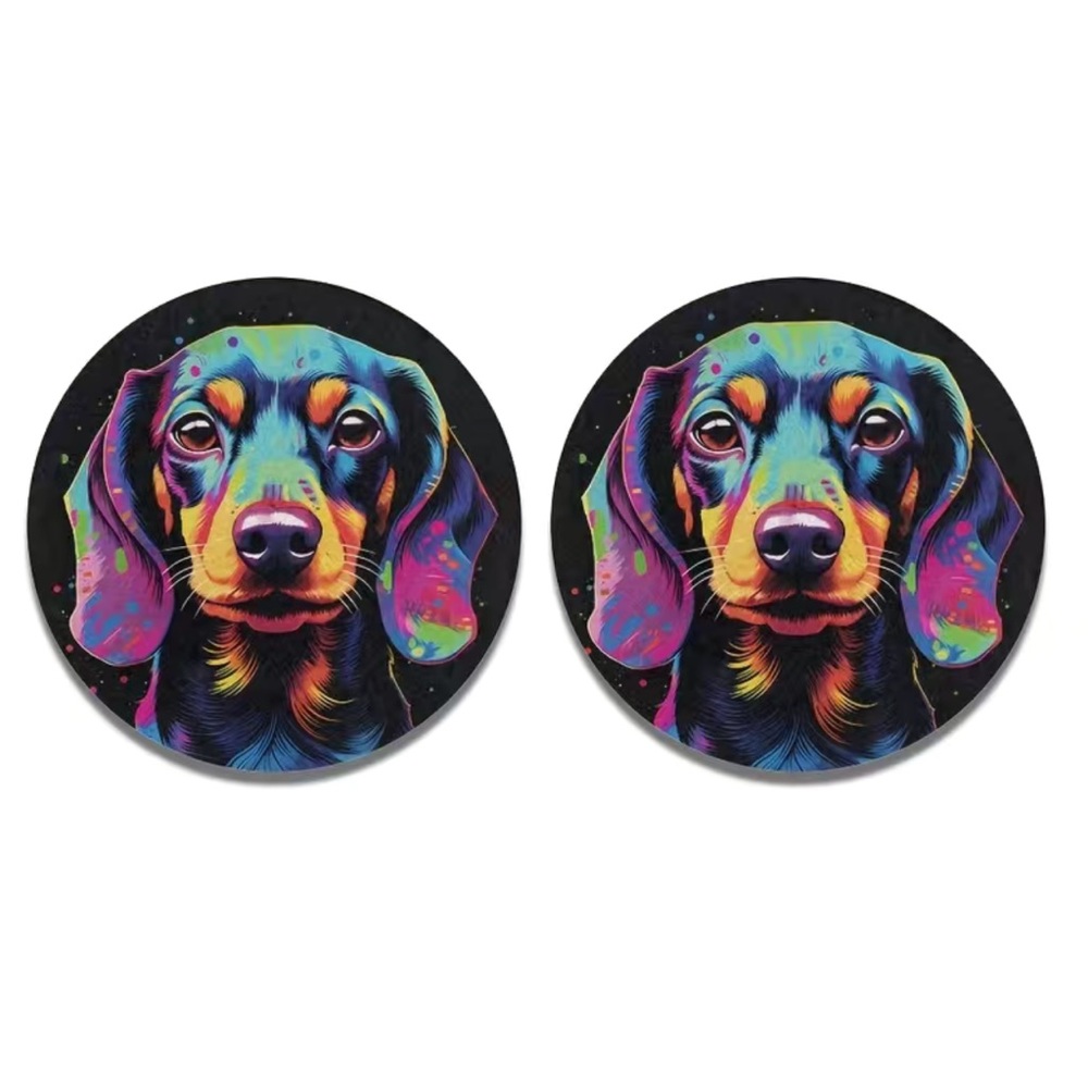 2pcs Rainbow Dachshund Dog Absorbent Car Cup Holder Coaster Mats
